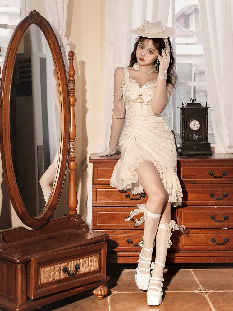 ロリータ マーメイド ローズ ヘムライン フリル ジャカード アイボリー デコレーション ディテール ビーズ JSK