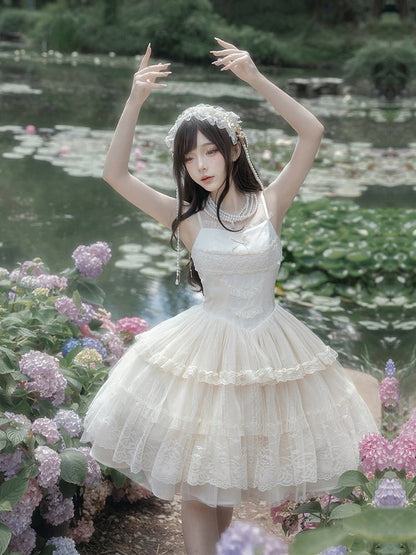 Beige Thin Strap Princess Lolita JSK Tiered Skirt - With PUJI
