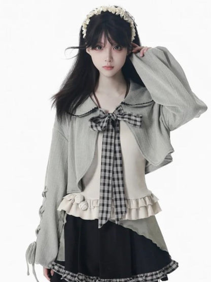 Lace-Up Dusty Set Pan Knit Gray Collar Kei and Cami with Sleeves Beige Peter Cropped Top Mori
