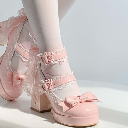 with - Heel Cherry Accents PU Heart Janes High Mary Lolita Platform Buckle Blossom Block Sweet Cutout Bow Pink