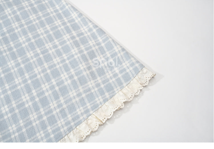 ブルーのチェック柄ハイウエストレーストリムミディスカート