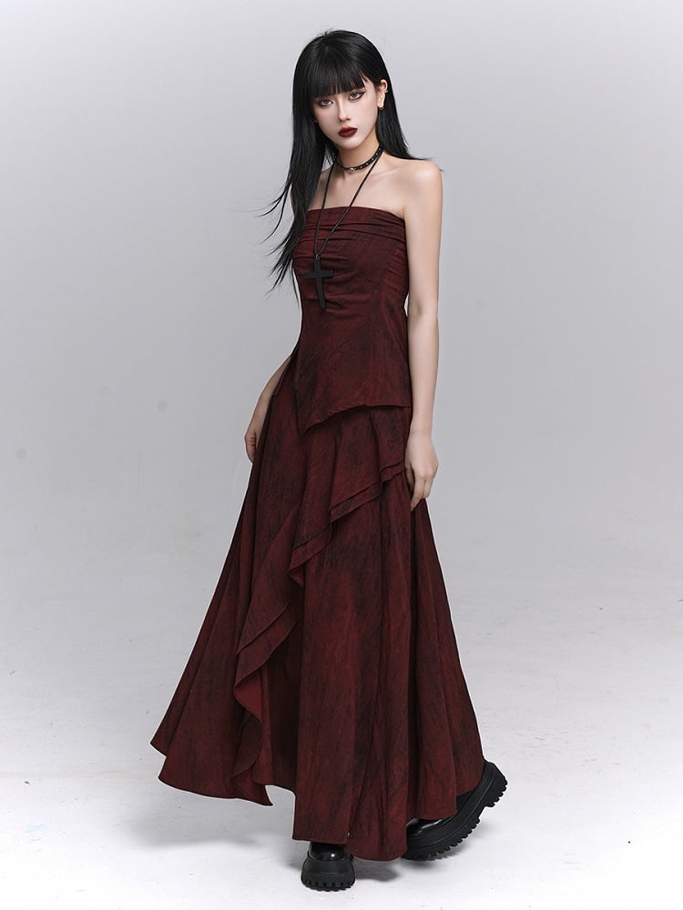 Red Ankle-Length  Gothic Splatter Skirt with Distressed