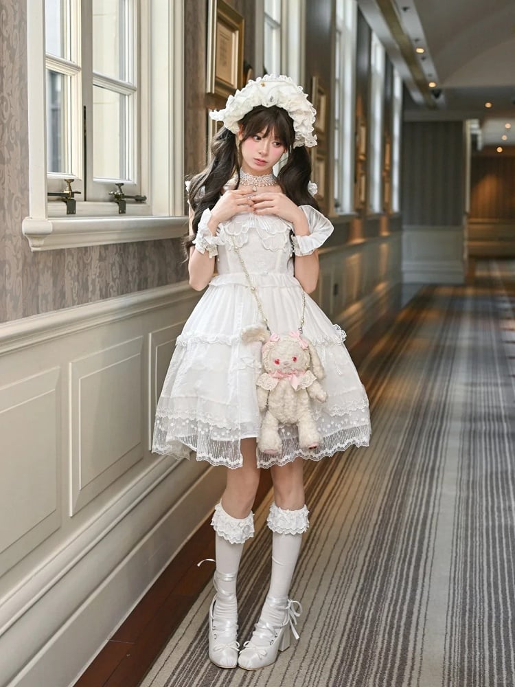 Lace Ruffled Trim Lolita JSK White Flutter Sleeves Butterfly Accent