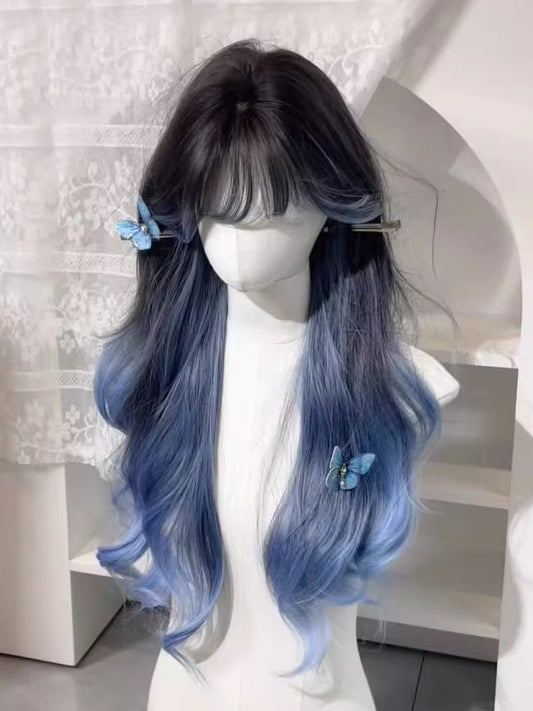 Full Wig Wavy Blue 65CM Highlight with Bangs