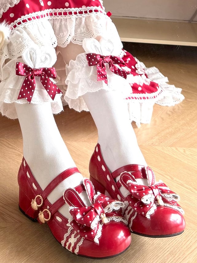 Janes Polka Red - Mid-heel PU Dot Top Bunny Bow Mary 4.2cm Sweet Charm