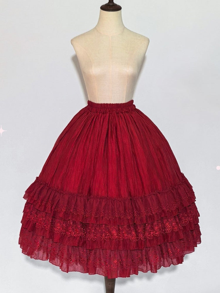Crimson Ruffled Lolita Skirt with Delicate Lace Accents - Sweet Wood Lolita