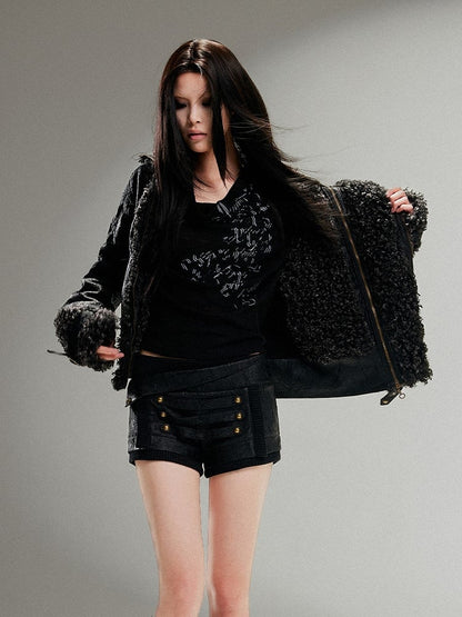 Vinatge Studs PU Strap Shorts Punk Textured with Metal Low-Rise Black Triple