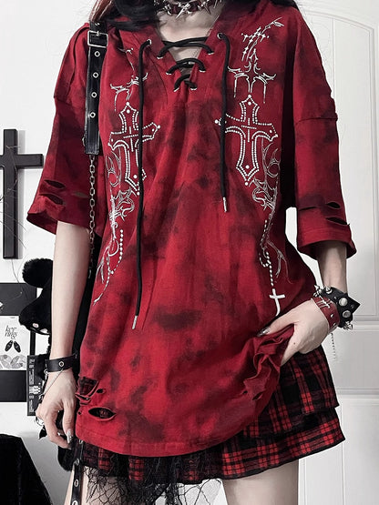 Hood Sleeve Tie-Dye Cross Hoodiewith Gothic PrintDevil Short Horn RedBlack