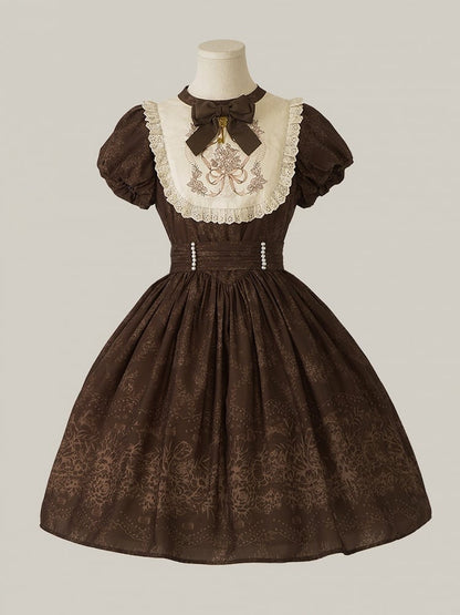 Piece Version Lolita Floral Bodice One Embroidery Classic and Brown Short Bowknot