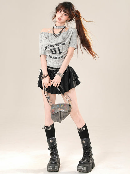 Glamorous Bittersweet Letter T-Shirt Nummer Grau/Schwarz und Aufdruck