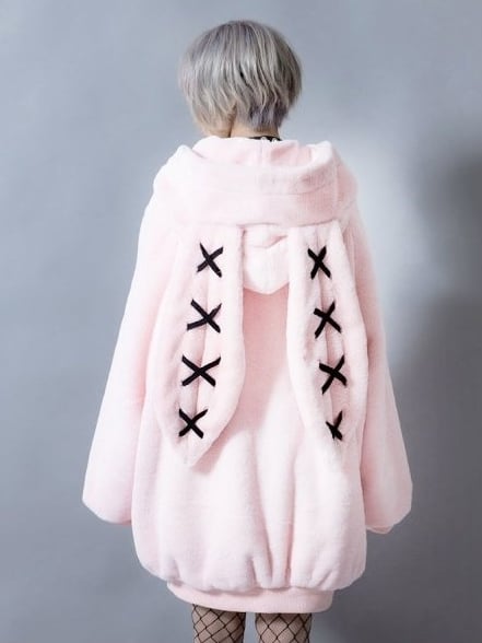 Crossed Bunny Ear Hooded Coat - Adorable Pink Jirai Kei Plush Jacket for a Sweet Yet Edgy Look