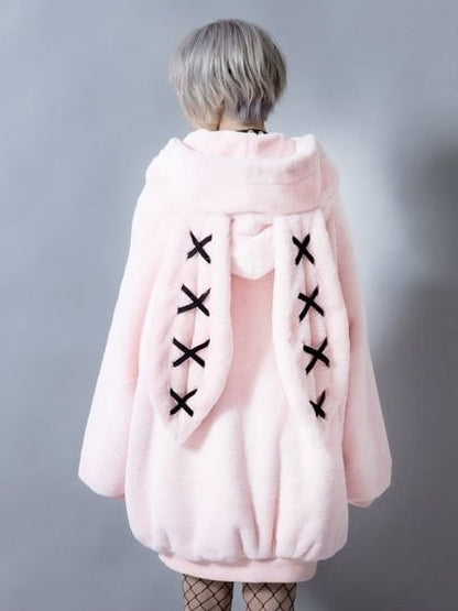 Crossed Bunny Ear Hooded Coat - Adorable Pink Jirai Kei Plush Jacket for a Sweet Yet Edgy Look