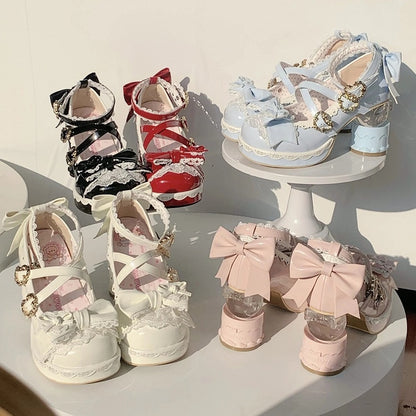White Sweet Lolita Platform High-heel Mary Janes Cake Heel Bow Heart Buckle - Vintage Sweetheart