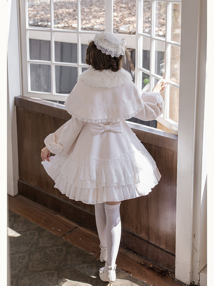 Snow White Heart Lace Applique Sweet Lolita Winter Overcoat - Dream Magic Box