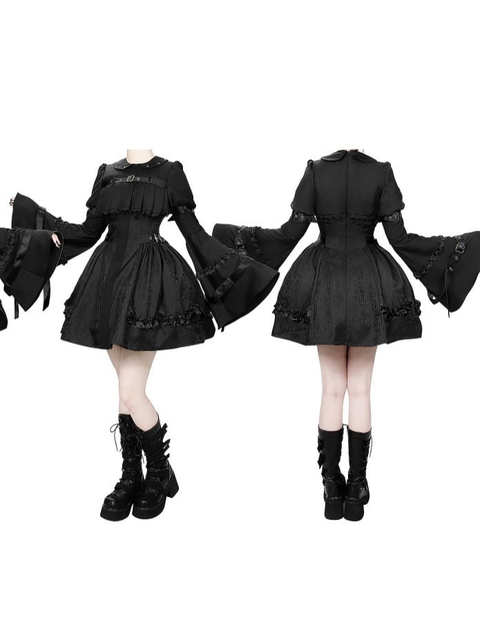 Black Gothic Lolita Bell Sleeve Dress with Lace and Metal Buckle Accents - Kuroya