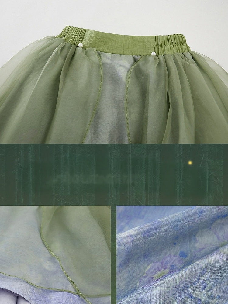 Elegant Green Layered High-Low Skirt - Zao Jing Ji