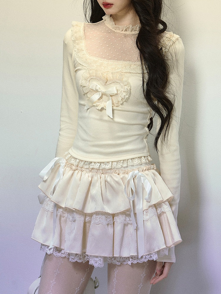 Apricot Illusion Neckline Lace Accents Long Sleeves Top