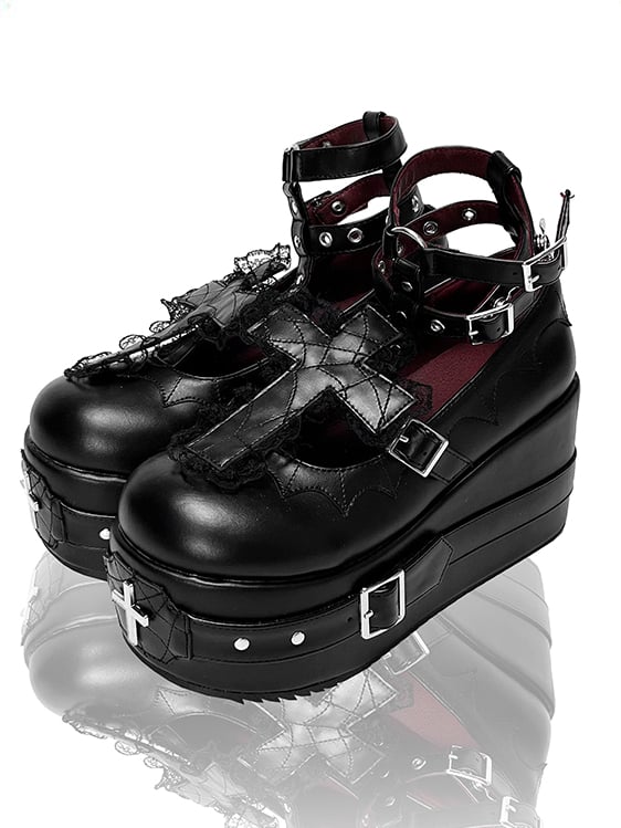 Matte Black Gothic Lolita Lace Trim Cross Platform Shoes