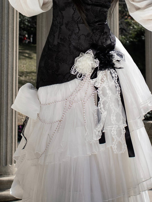 White and Chain Accessory Black Bead Bowknots Flowers