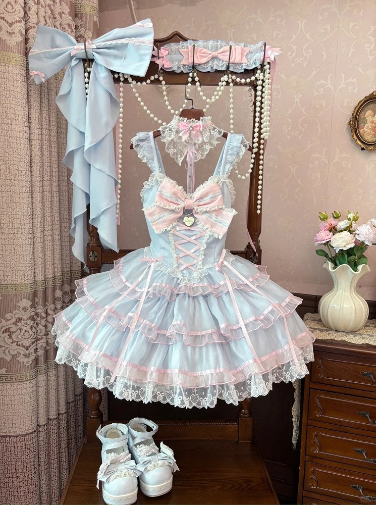 Rock und rosa blauer Pulloverrock Hime Lolita-Kleid Flatterärmel gestuft