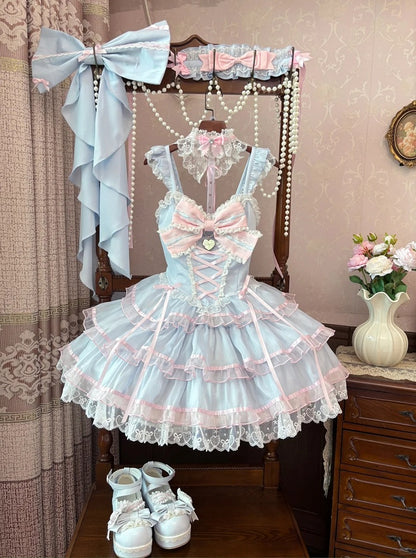 Skirt and Pink Blue Jumper Skirt Hime Lolita Dress Flutter Sleeves Tiered