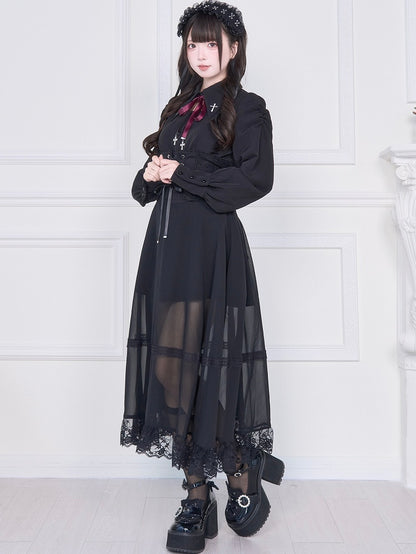 Lace-Up Black Kei Long Sleeve Blouse Jirai with Back Striking