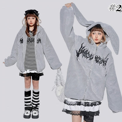 Pastell Punk Hase/Kätzchen Ohren Kapuze Plüschmantel