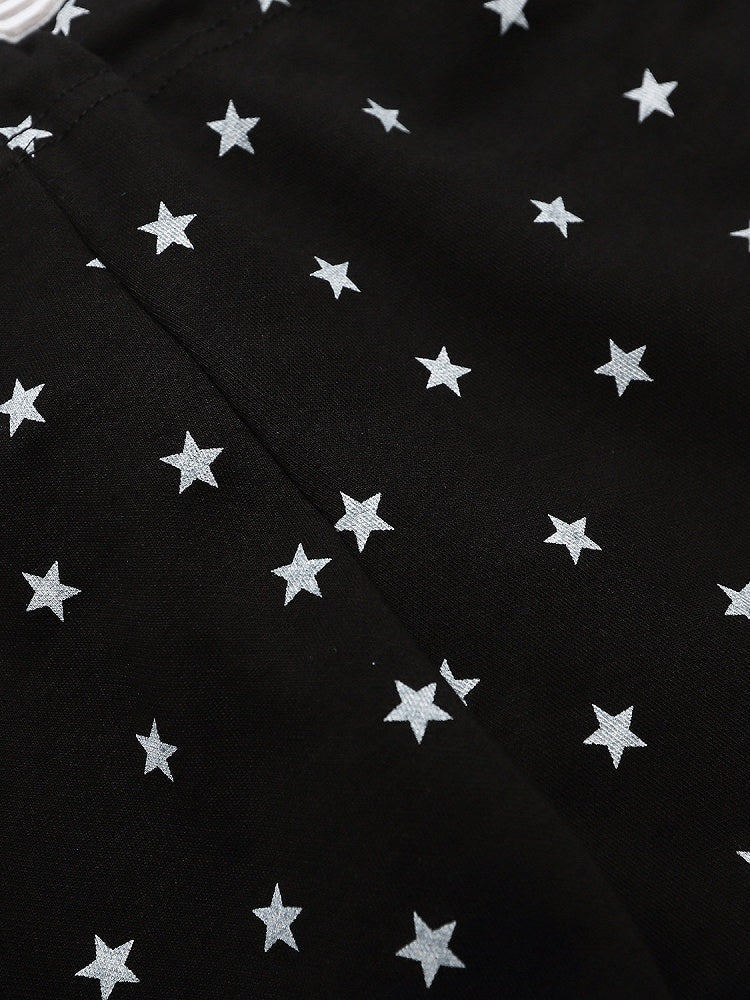 Drawstring Shorts with Star Print & Striped Waistband in Black - Languid Park