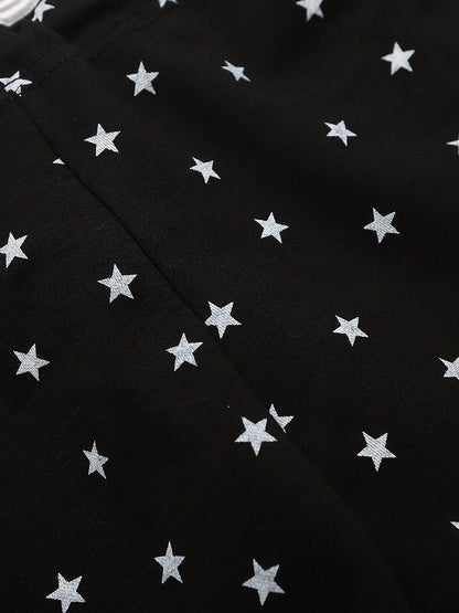 Drawstring Shorts with Star Print & Striped Waistband in Black - Languid Park