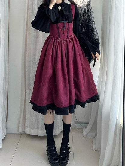 Waist Lolita Gothic Straps Drawstring Cross JSK Basque Dress and Red Shoulder Embroidery with Lace-Trimmed
