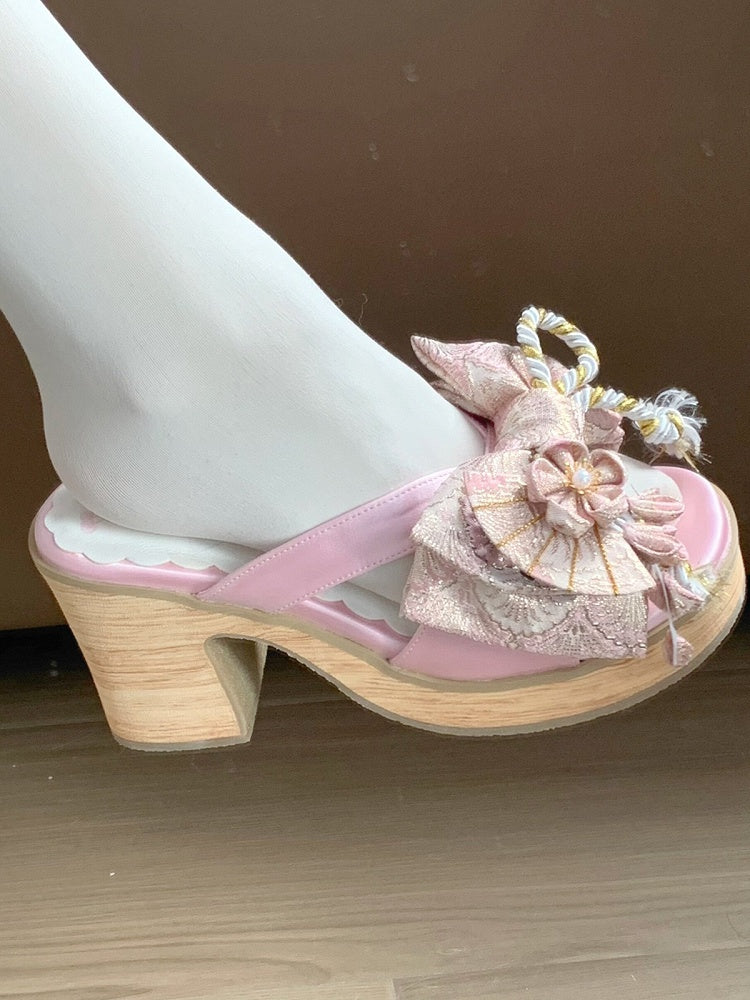 Pink Wa Lolita Platform Clogs with Big Bow and Floral Details - Aimee