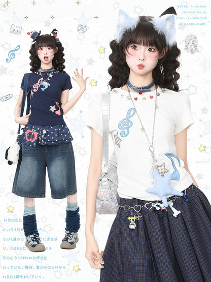 Kawaii White Slim Crewneck Tee with Music Note Embroidery and Button Accents - Languid Park