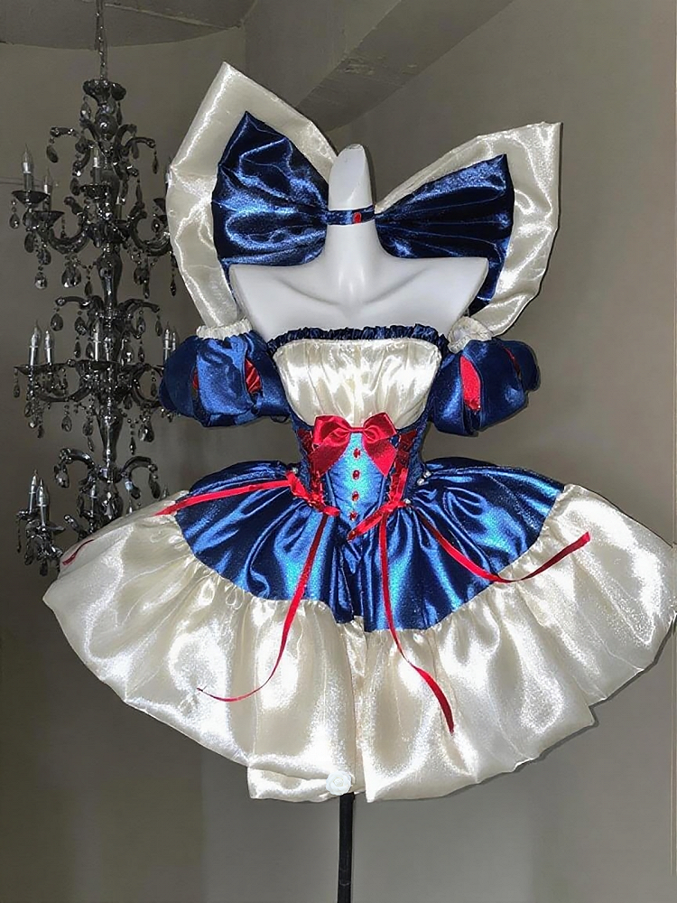 Waist Large Ribbon with Basque Blue Red Snow Accents Princess Bow and Balletcore White Vibes Dress