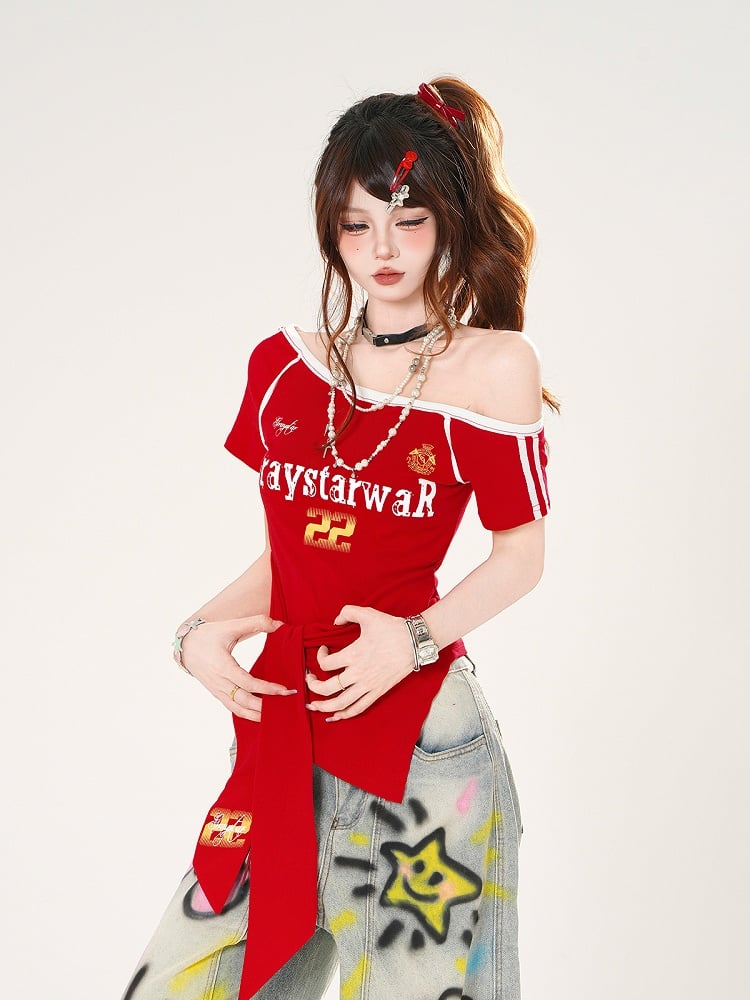 Red/Blue Straps at Waist Asymmetrical Neckline Blokette Core T-shirt Self-tie