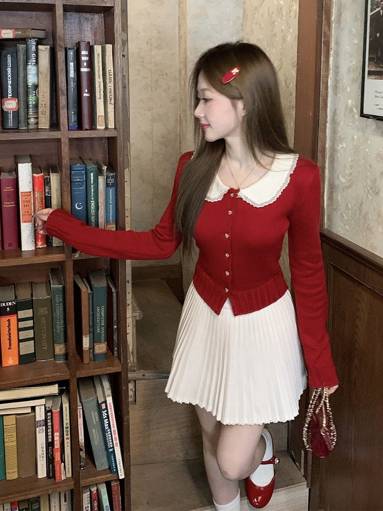 Red Knit Peter Pan Collar Cardigan with Lace - Qchiwawameme