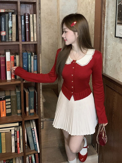 Red Knit Peter Pan Collar Cardigan with Lace - Qchiwawameme