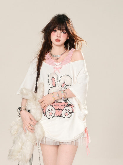 T-Shirt Muster Entzückende Ausschnitt Schulter Kordelzug Taille Bunny Weiß Lose