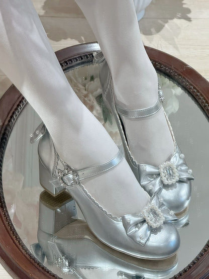 シューズメアリーラウンドトゥディテールロリータジェーンビーズシルバーと蝶結び装飾ラインストーン