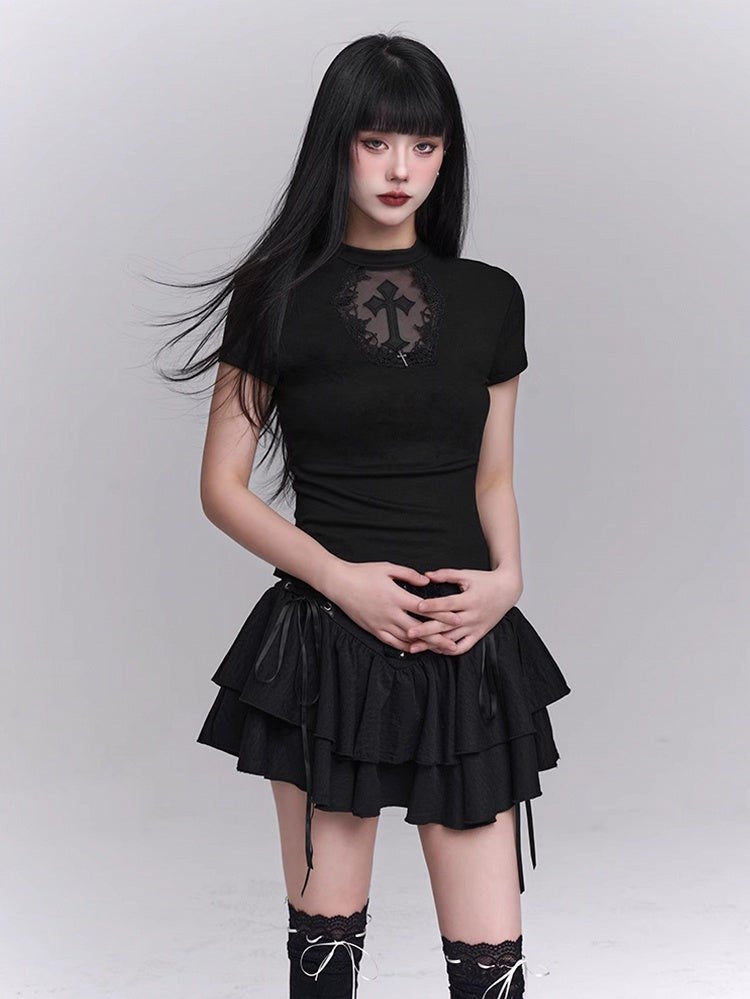 Black Coffin-shaped Cutout Cross Applique T-Shirt