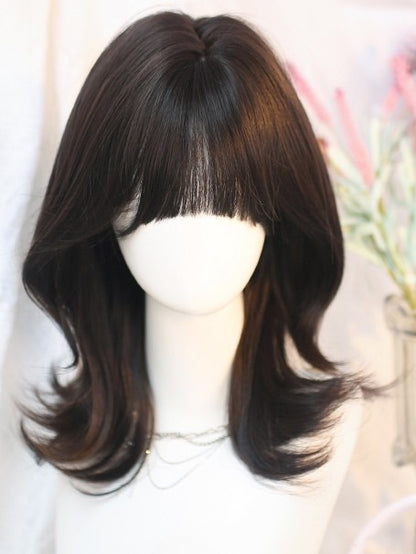 Gewellte Air-Perücke mit Schulterpartie, Schwarz, 35–40 cm, Ponylänge, Tee