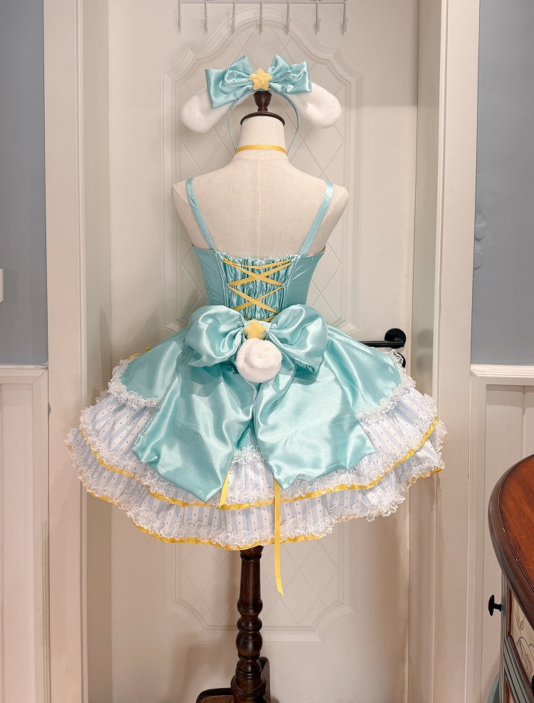 Stripe Basque and with Sweet Details Star Fluffy Accents Lolita Green Dress Waist