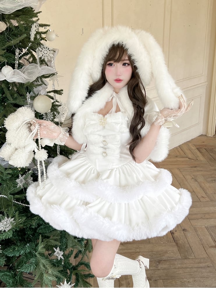 White Sweet Winter Lolita Hooded Cape with Oversized Plush Bunny Ears