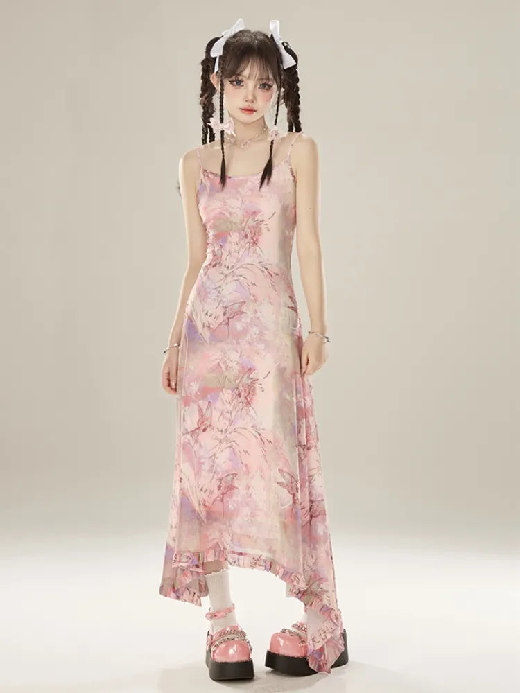 Rosafarbenes, asymmetrisches Midikleid mit Schmetterlingsrüschen und Urlaubssaum