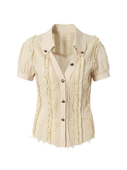 Punk Sleeve Short Pintuck Distressed Wasteland Blouse Pleats with Light Khaki V-Neck Hem