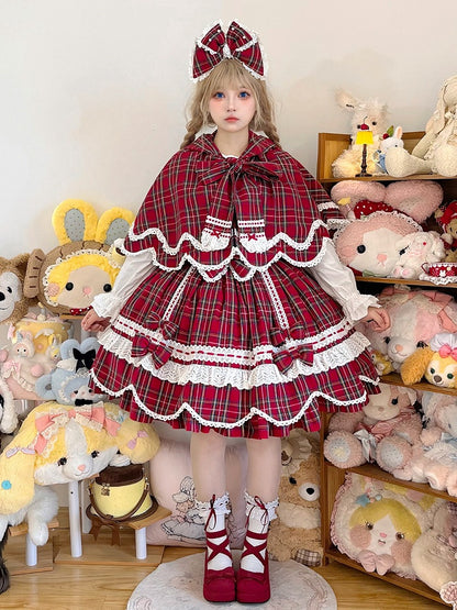 and Plaid Bunny Ears Red Cape Hooded with Petal-like Trim