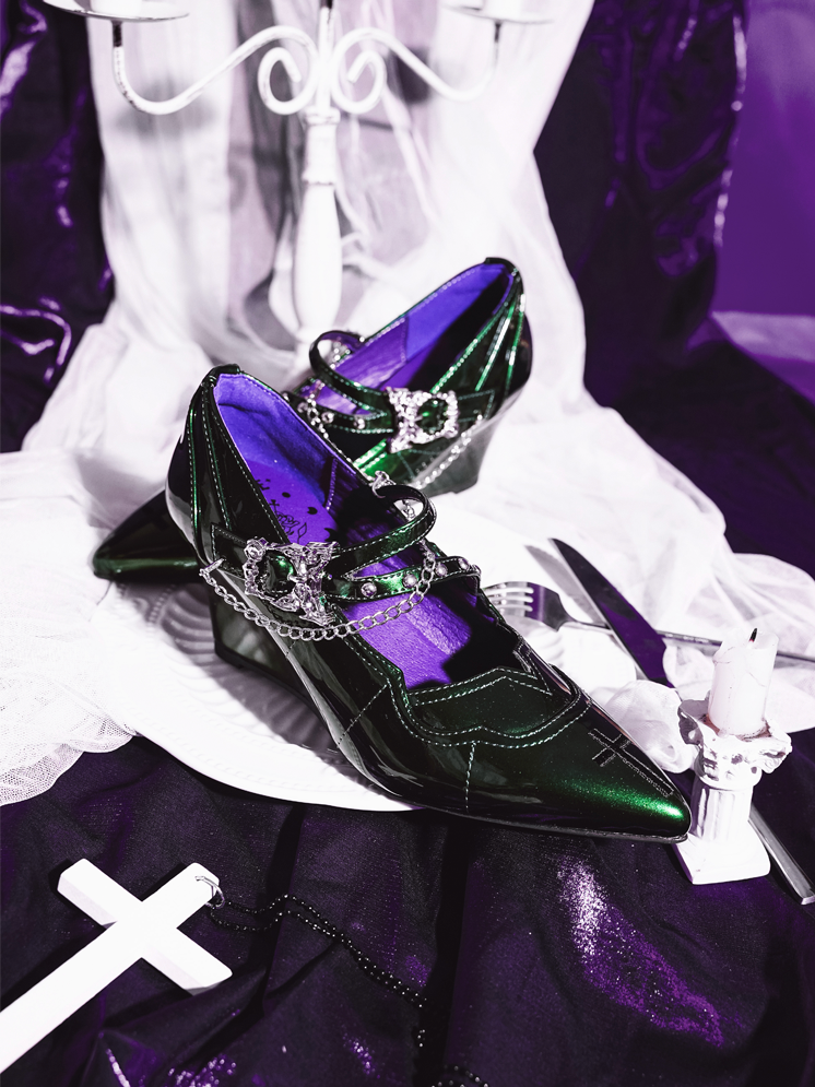 Pointed Toe Green 7cm Mary Heel Chunky Gothic in Cross Jane Subculture Embroidery Shoes with