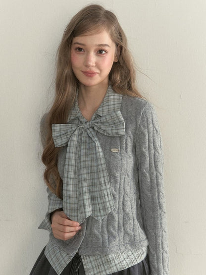 Sweater Two-piece Faux Elegant Vintage Gray Plaid