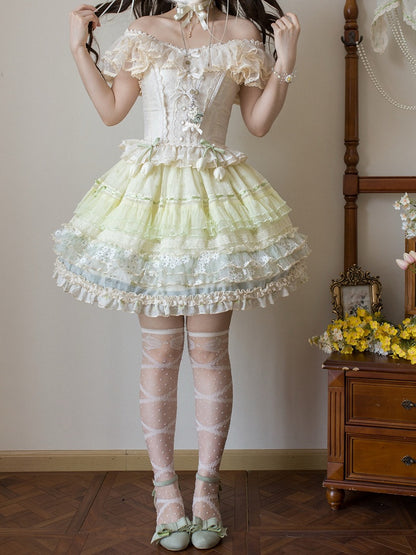 Jacquard Korsett Herz Ärmel Stoff Top Flatter Tiered Elfenbein