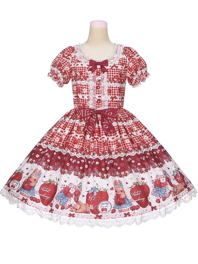 Robe Lolita une pièce à carreaux rouge vin avec bordure en dentelle et nœud imprimé fraise et lapin