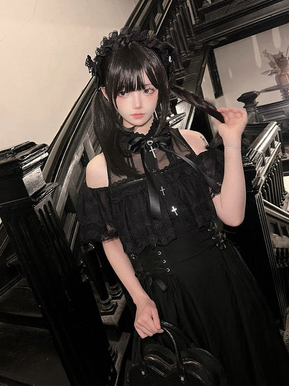 White/Black Cutout Shoulder Jirai Kei Cross Lace Dress - Tan Tuan